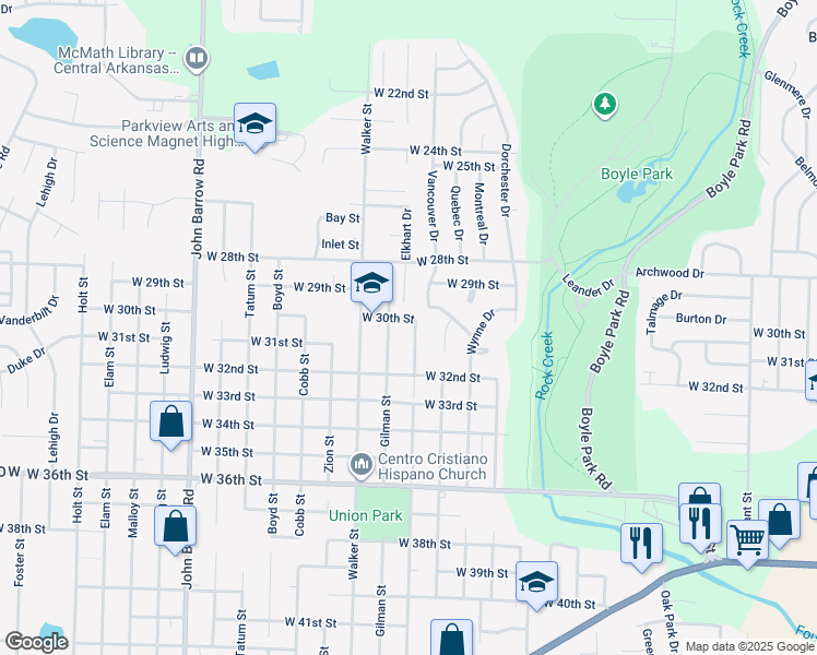 map of restaurants, bars, coffee shops, grocery stores, and more near 3023 Potter Street in Little Rock