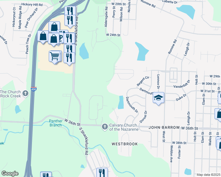 map of restaurants, bars, coffee shops, grocery stores, and more near 3001 Aldersgate Road in Little Rock