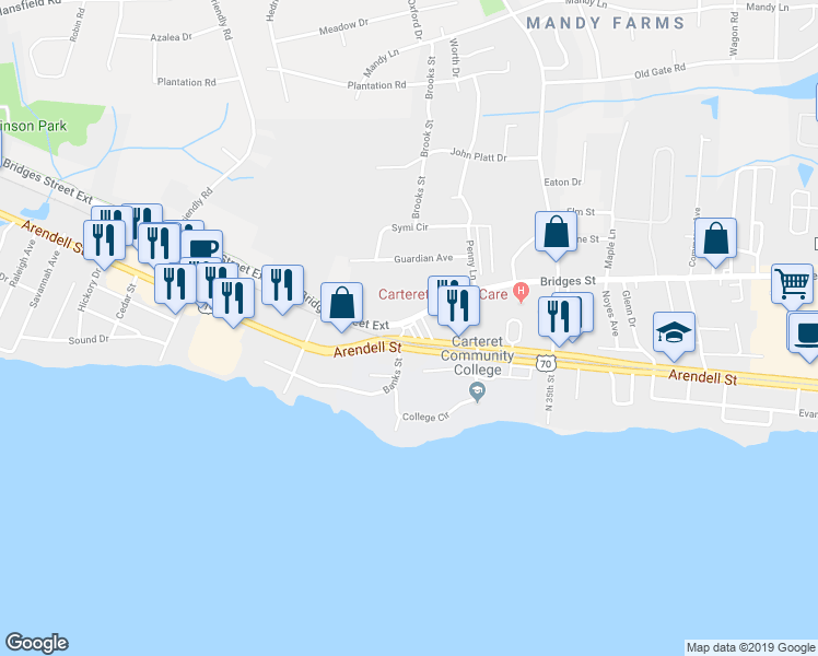 map of restaurants, bars, coffee shops, grocery stores, and more near 3820 Arendell Street in Morehead City