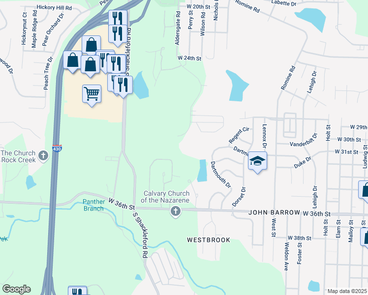 map of restaurants, bars, coffee shops, grocery stores, and more near 3001 Aldersgate Road in Little Rock
