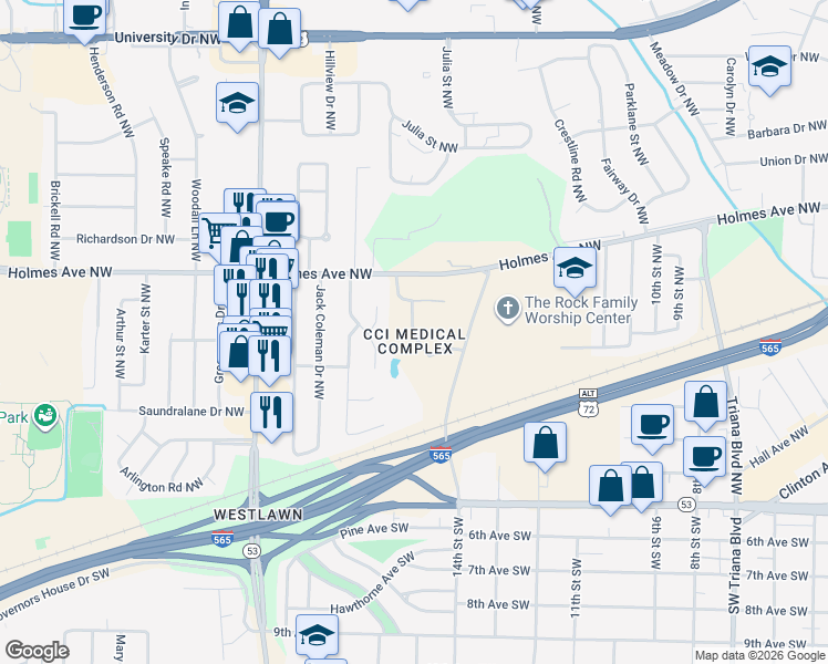 map of restaurants, bars, coffee shops, grocery stores, and more near Markaview Road Northwest in Huntsville