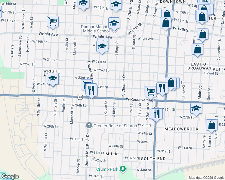 map of restaurants, bars, coffee shops, grocery stores, and more near 2419 South Ringo Street in Little Rock