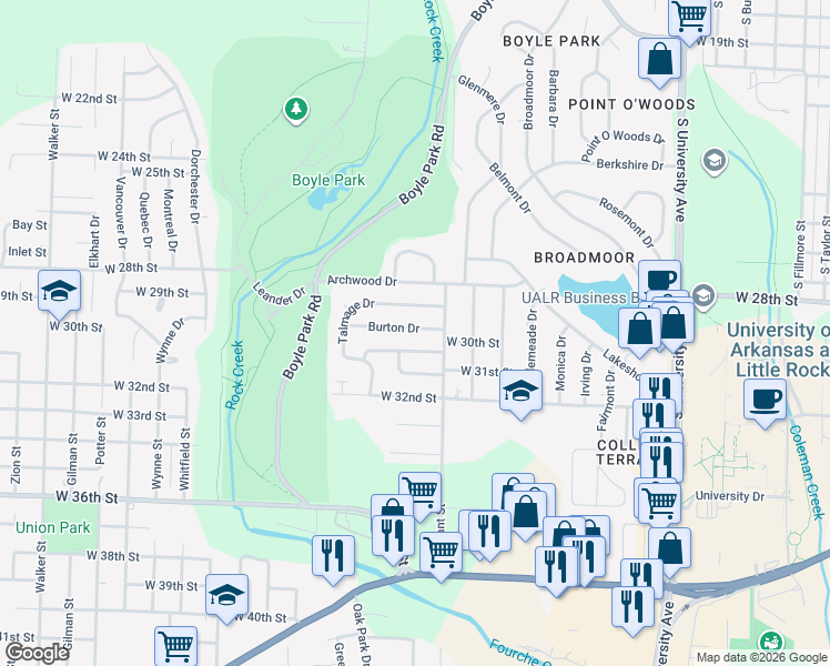 map of restaurants, bars, coffee shops, grocery stores, and more near 6817 Gingerbread Lane in Little Rock