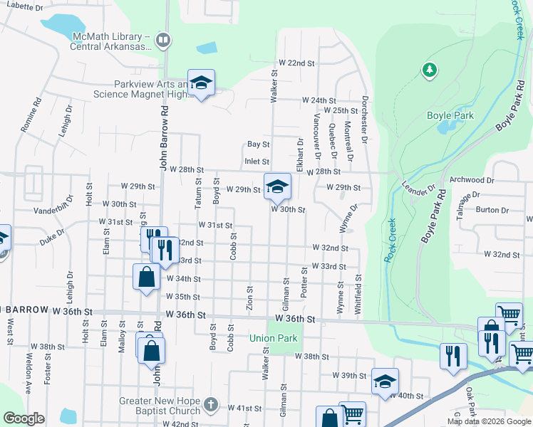 map of restaurants, bars, coffee shops, grocery stores, and more near 3023 Zion Street in Little Rock