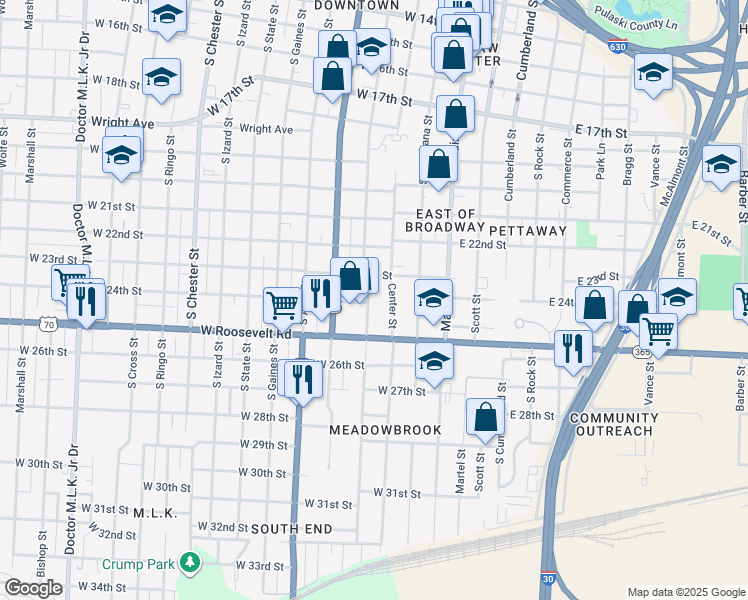 map of restaurants, bars, coffee shops, grocery stores, and more near 2413 South Spring Street in Little Rock