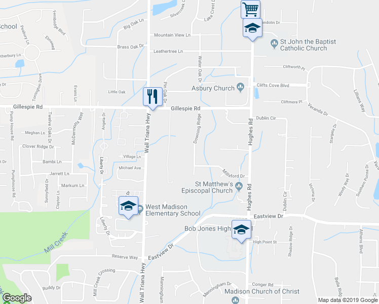 map of restaurants, bars, coffee shops, grocery stores, and more near 114 Downing Ridge in Madison