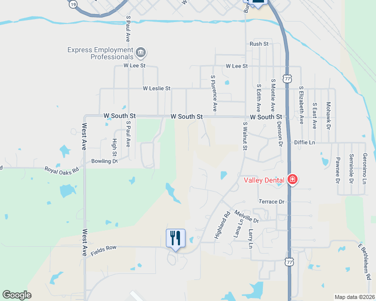 map of restaurants, bars, coffee shops, grocery stores, and more near 116 Grandview Avenue in Pauls Valley