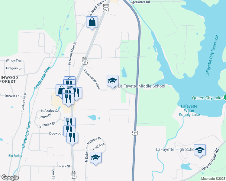 map of restaurants, bars, coffee shops, grocery stores, and more near 419 Roadrunner Boulevard in LaFayette