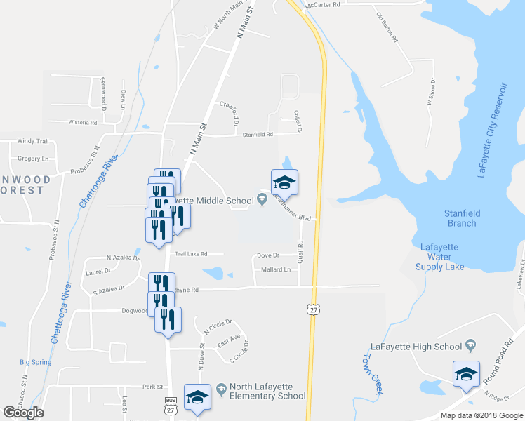 map of restaurants, bars, coffee shops, grocery stores, and more near 419 Roadrunner Boulevard in LaFayette
