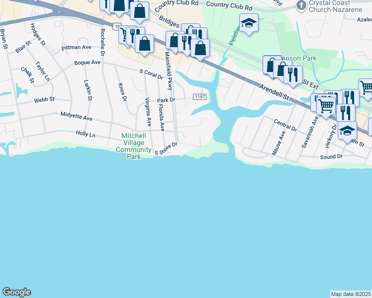 map of restaurants, bars, coffee shops, grocery stores, and more near 4801 South Shore Drive in Morehead City