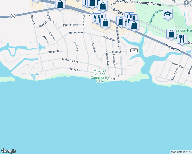 map of restaurants, bars, coffee shops, grocery stores, and more near 4908 Holly Lane in Morehead City