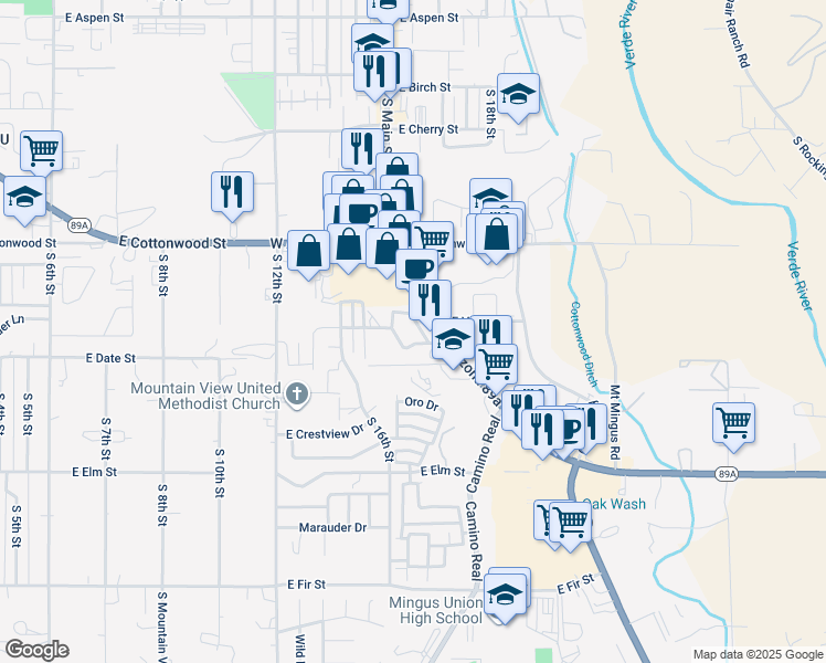 map of restaurants, bars, coffee shops, grocery stores, and more near 711 South Skyline Way in Cottonwood