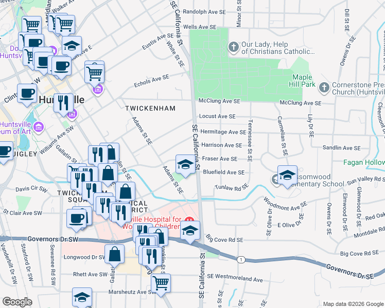 map of restaurants, bars, coffee shops, grocery stores, and more near 1001 Harrison Avenue Southeast in Huntsville