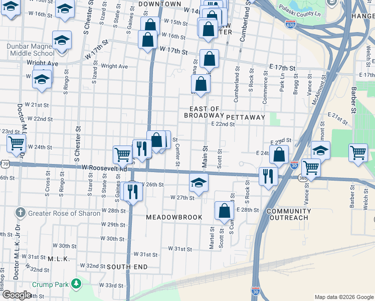 map of restaurants, bars, coffee shops, grocery stores, and more near 2300 South Louisiana Street in Little Rock