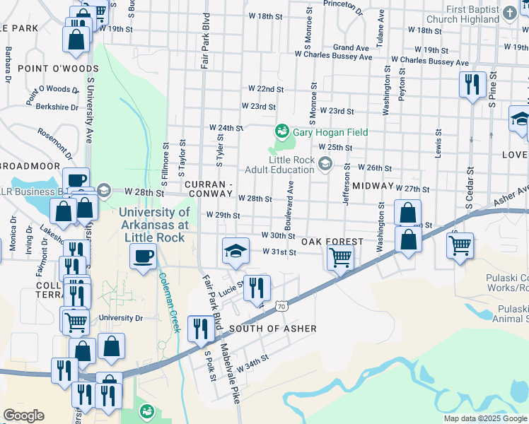 map of restaurants, bars, coffee shops, grocery stores, and more near 2734 South Jackson Street in Little Rock