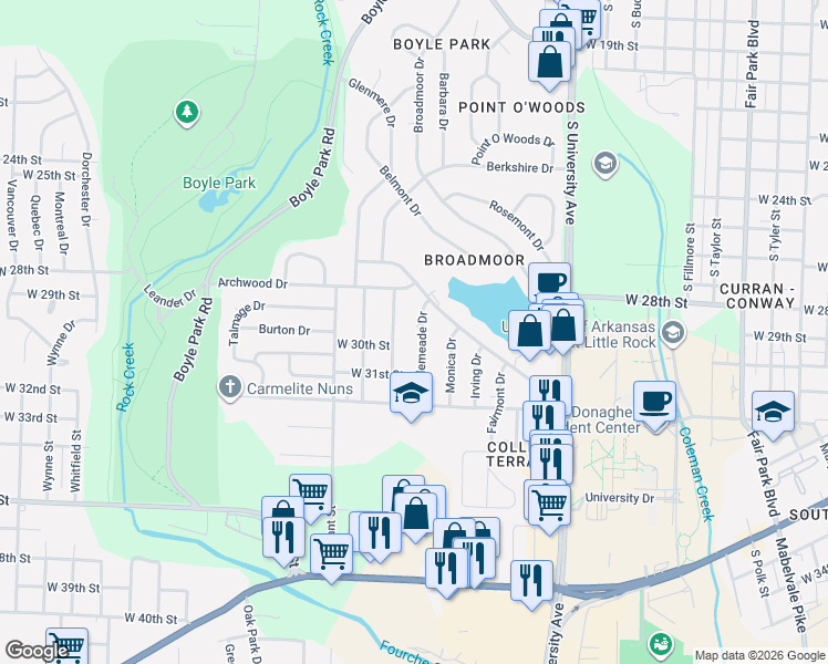 map of restaurants, bars, coffee shops, grocery stores, and more near 6 Bellemeade Drive in Little Rock
