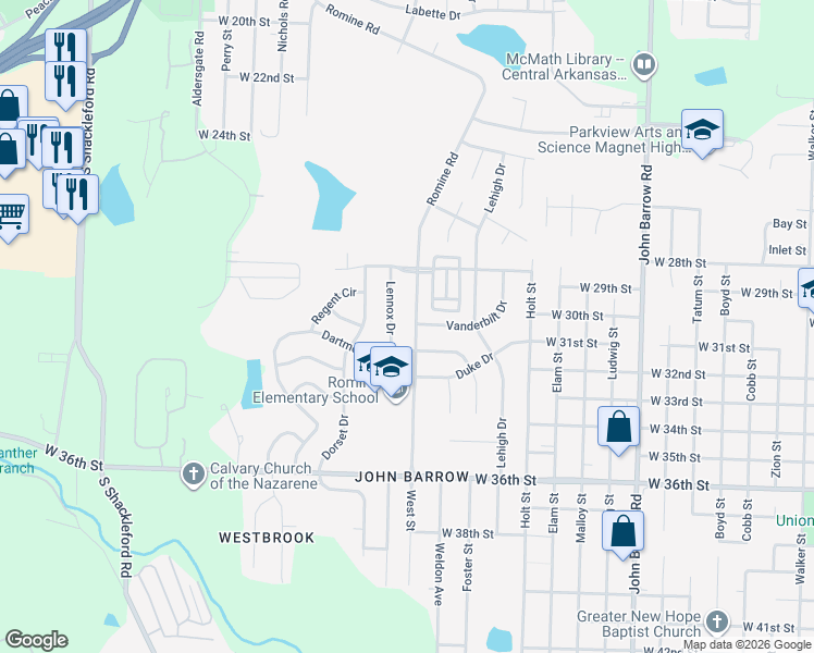 map of restaurants, bars, coffee shops, grocery stores, and more near 2912 Romine Road in Little Rock