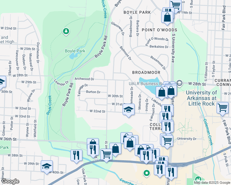 map of restaurants, bars, coffee shops, grocery stores, and more near 2917 Ware Street in Little Rock