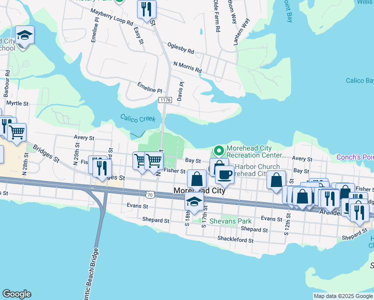 map of restaurants, bars, coffee shops, grocery stores, and more near 1800 Bay Street in Morehead City