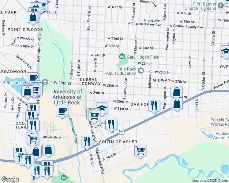 map of restaurants, bars, coffee shops, grocery stores, and more near 2734 South Jackson Street in Little Rock