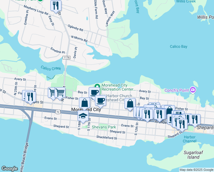map of restaurants, bars, coffee shops, grocery stores, and more near 1506 Avery Street in Morehead City