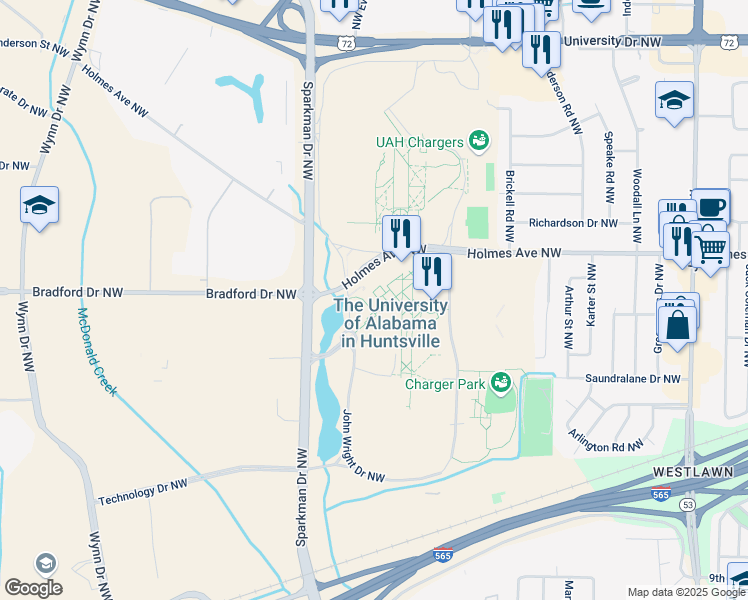 map of restaurants, bars, coffee shops, grocery stores, and more near University Drive in Huntsville