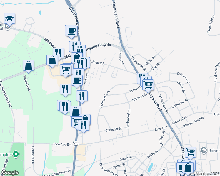 map of restaurants, bars, coffee shops, grocery stores, and more near 144 Springdale Drive in Union