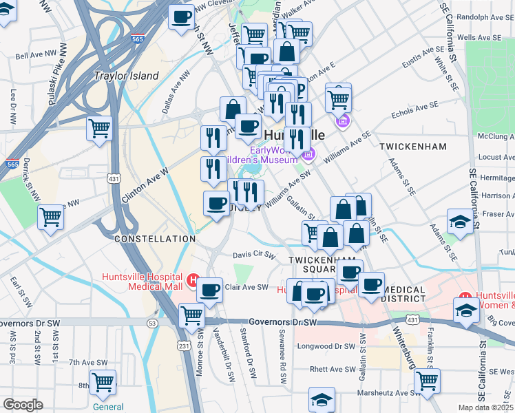 map of restaurants, bars, coffee shops, grocery stores, and more near 300 Church Street Southwest in Huntsville