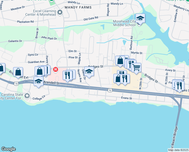 map of restaurants, bars, coffee shops, grocery stores, and more near 3309 Bridges Street in Morehead City