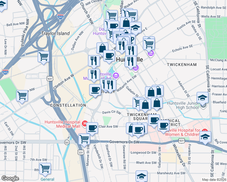 map of restaurants, bars, coffee shops, grocery stores, and more near 300 Church Street Southwest in Huntsville