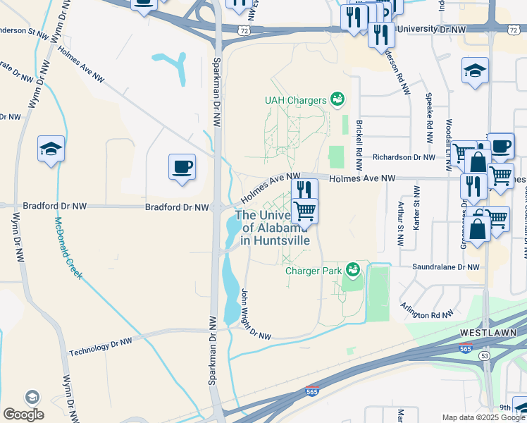 map of restaurants, bars, coffee shops, grocery stores, and more near 32 Holmes Avenue Northwest in Huntsville
