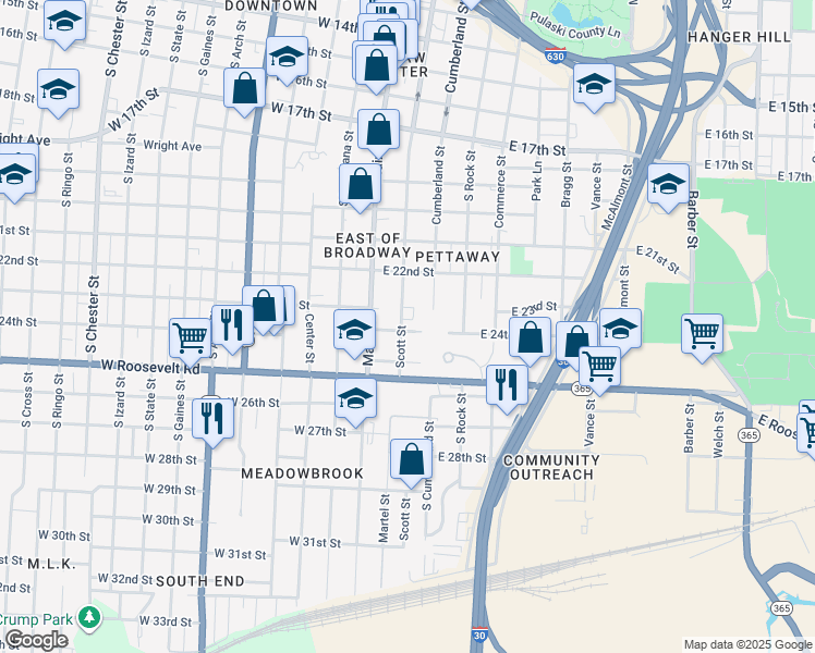 map of restaurants, bars, coffee shops, grocery stores, and more near 2301 Scott Street in Little Rock