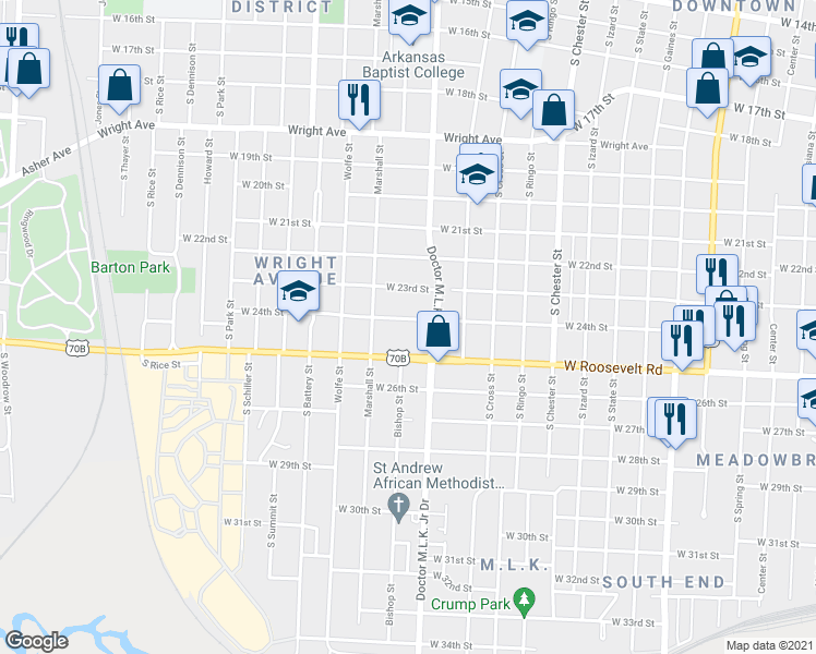 map of restaurants, bars, coffee shops, grocery stores, and more near 1520 West 24th Street in Little Rock