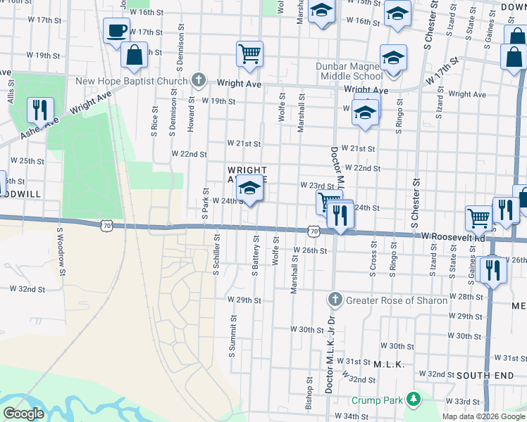 map of restaurants, bars, coffee shops, grocery stores, and more near 2322 Wolfe Street in Little Rock