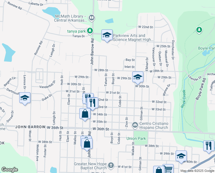map of restaurants, bars, coffee shops, grocery stores, and more near 2910 Boyd Street in Little Rock