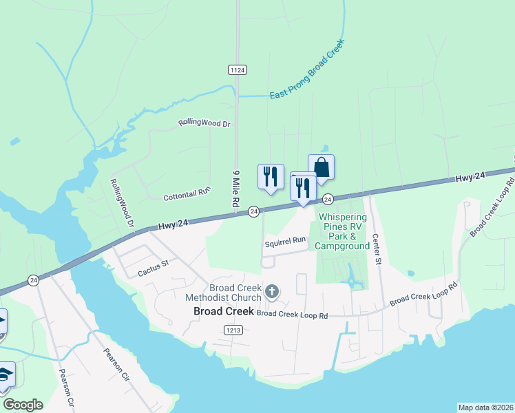 map of restaurants, bars, coffee shops, grocery stores, and more near 2896 North Carolina 24 in Newport