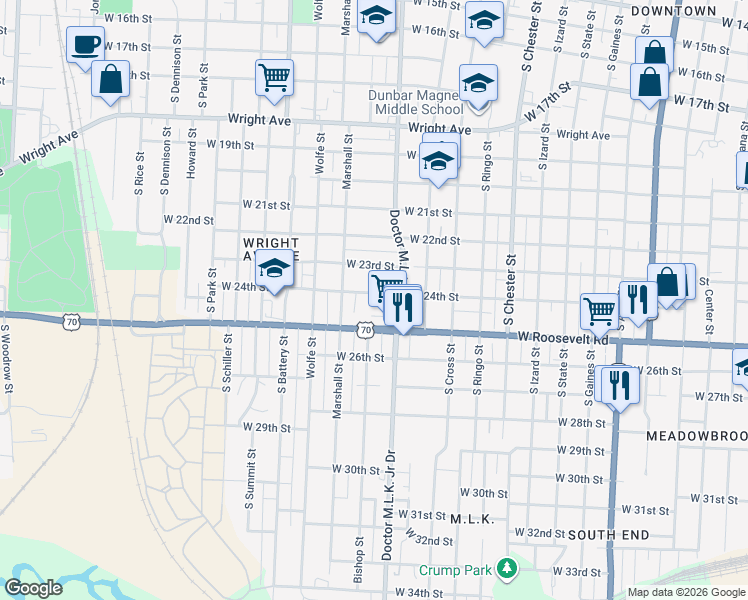 map of restaurants, bars, coffee shops, grocery stores, and more near 1520 West 24th Street in Little Rock