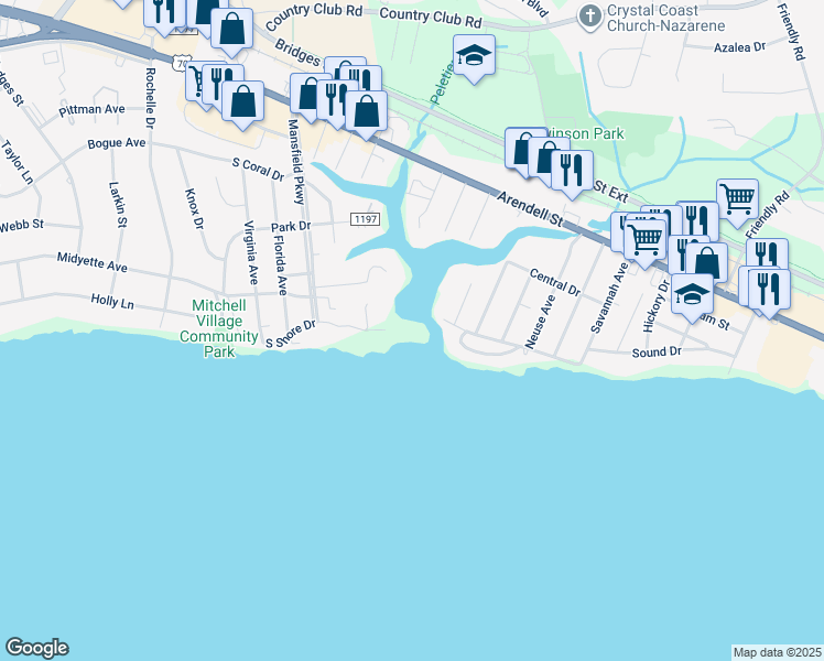 map of restaurants, bars, coffee shops, grocery stores, and more near 4700 South Shore Drive in Morehead City