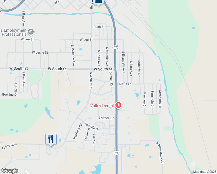 map of restaurants, bars, coffee shops, grocery stores, and more near 1300 Denson Drive in Pauls Valley