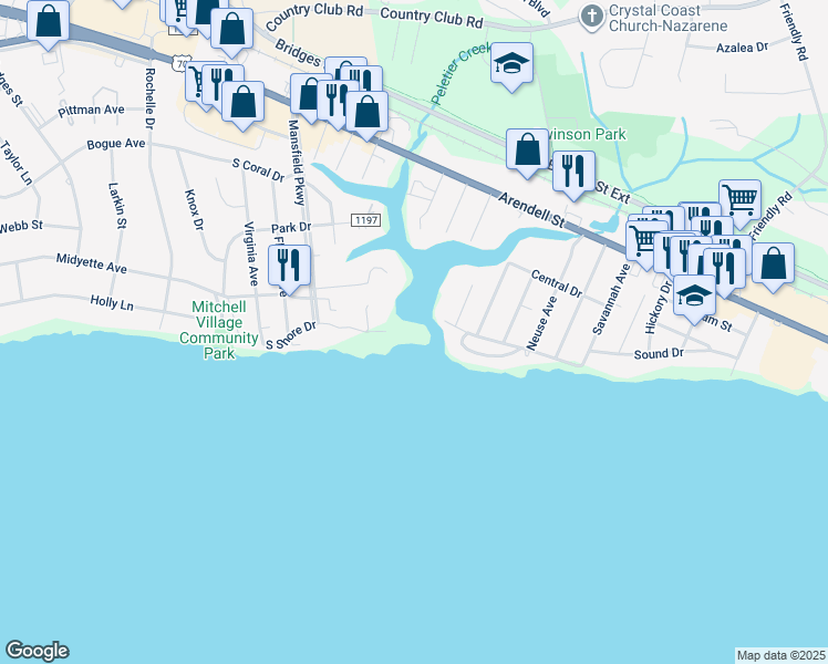 map of restaurants, bars, coffee shops, grocery stores, and more near 4700 South Shore Drive in Morehead City