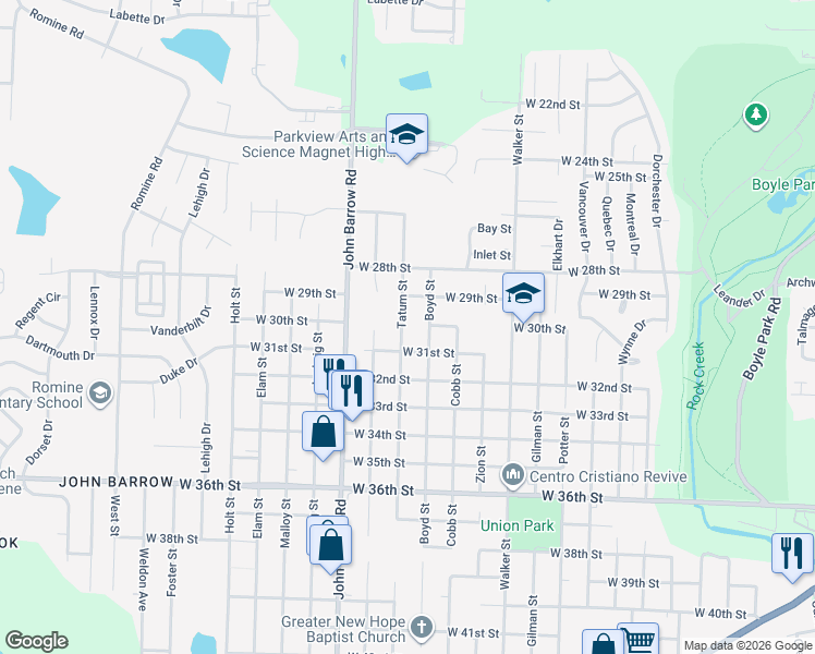 map of restaurants, bars, coffee shops, grocery stores, and more near 2910 Boyd Street in Little Rock