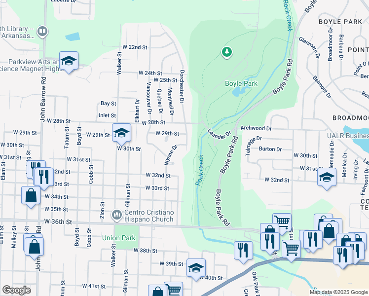map of restaurants, bars, coffee shops, grocery stores, and more near 2910 Wynne Drive in Little Rock