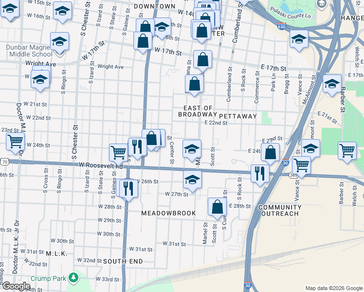 map of restaurants, bars, coffee shops, grocery stores, and more near 2300 South Louisiana Street in Little Rock