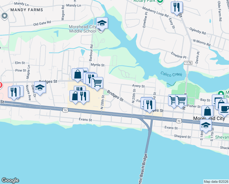 map of restaurants, bars, coffee shops, grocery stores, and more near 2720 Bridges Street in Morehead City