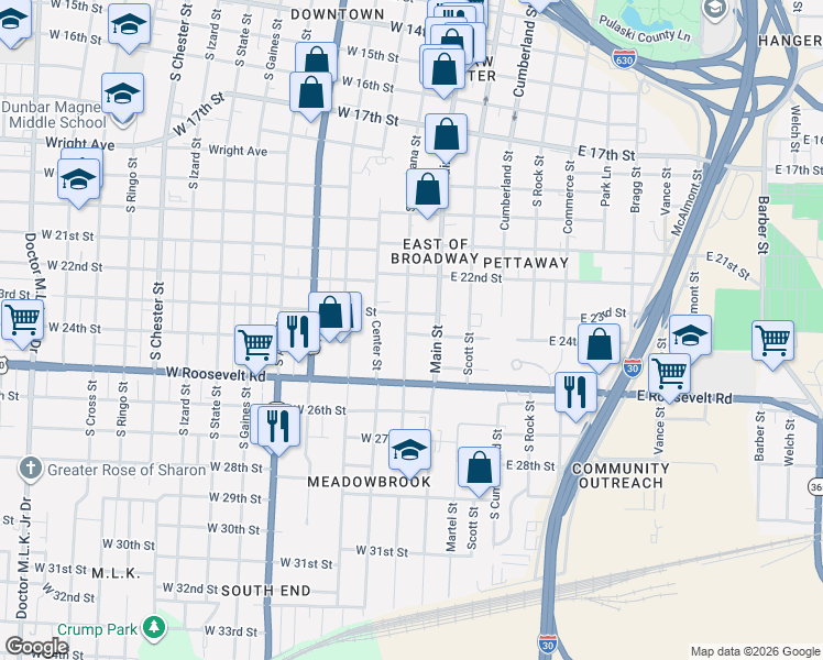 map of restaurants, bars, coffee shops, grocery stores, and more near 2300 South Louisiana Street in Little Rock