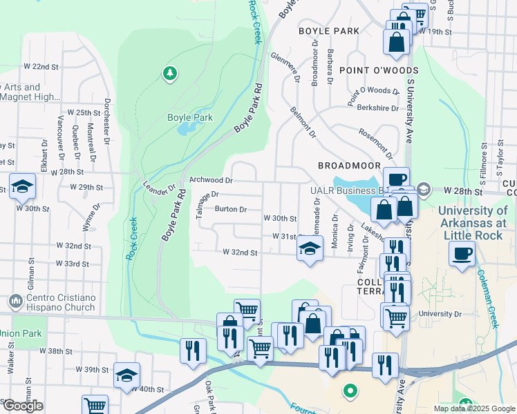 map of restaurants, bars, coffee shops, grocery stores, and more near 2821 South Bryant Street in Little Rock