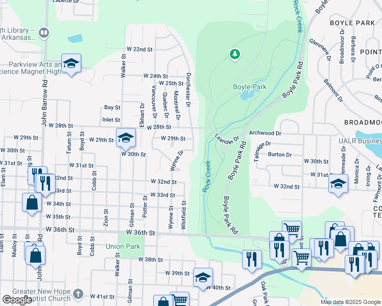 map of restaurants, bars, coffee shops, grocery stores, and more near 2910 Wynne Drive in Little Rock