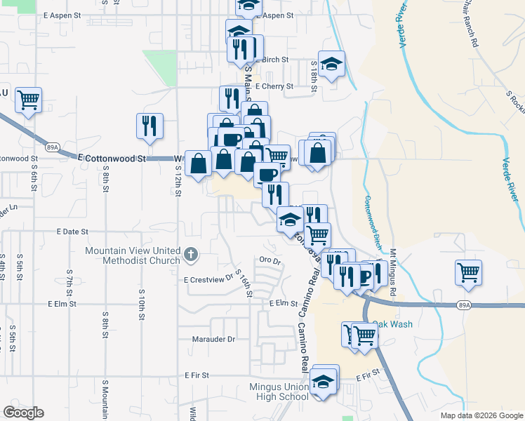 map of restaurants, bars, coffee shops, grocery stores, and more near 711 South Skyline Way in Cottonwood