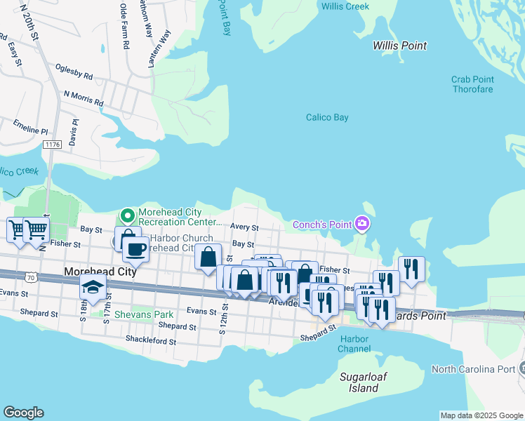 map of restaurants, bars, coffee shops, grocery stores, and more near 510 North 11th Street in Morehead City