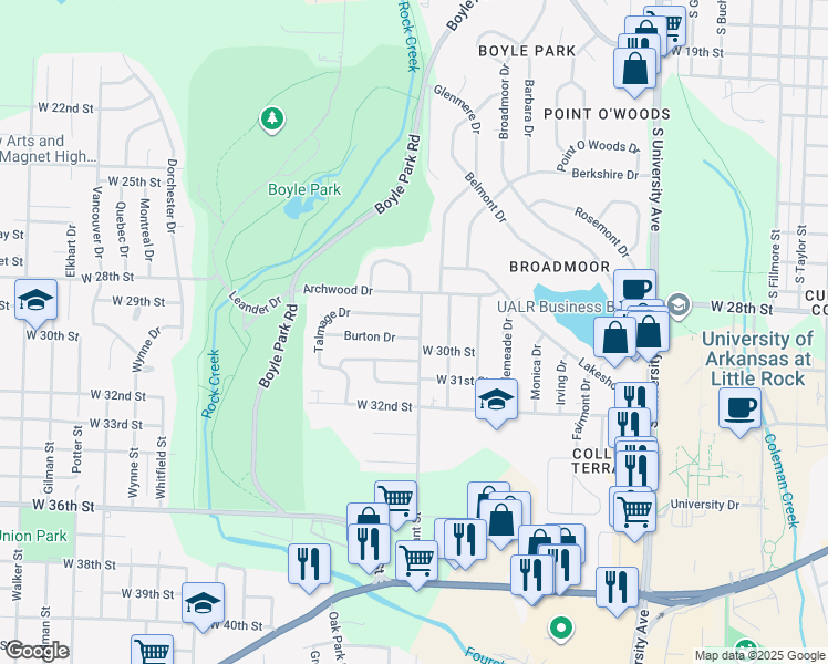 map of restaurants, bars, coffee shops, grocery stores, and more near 2821 South Bryant Street in Little Rock
